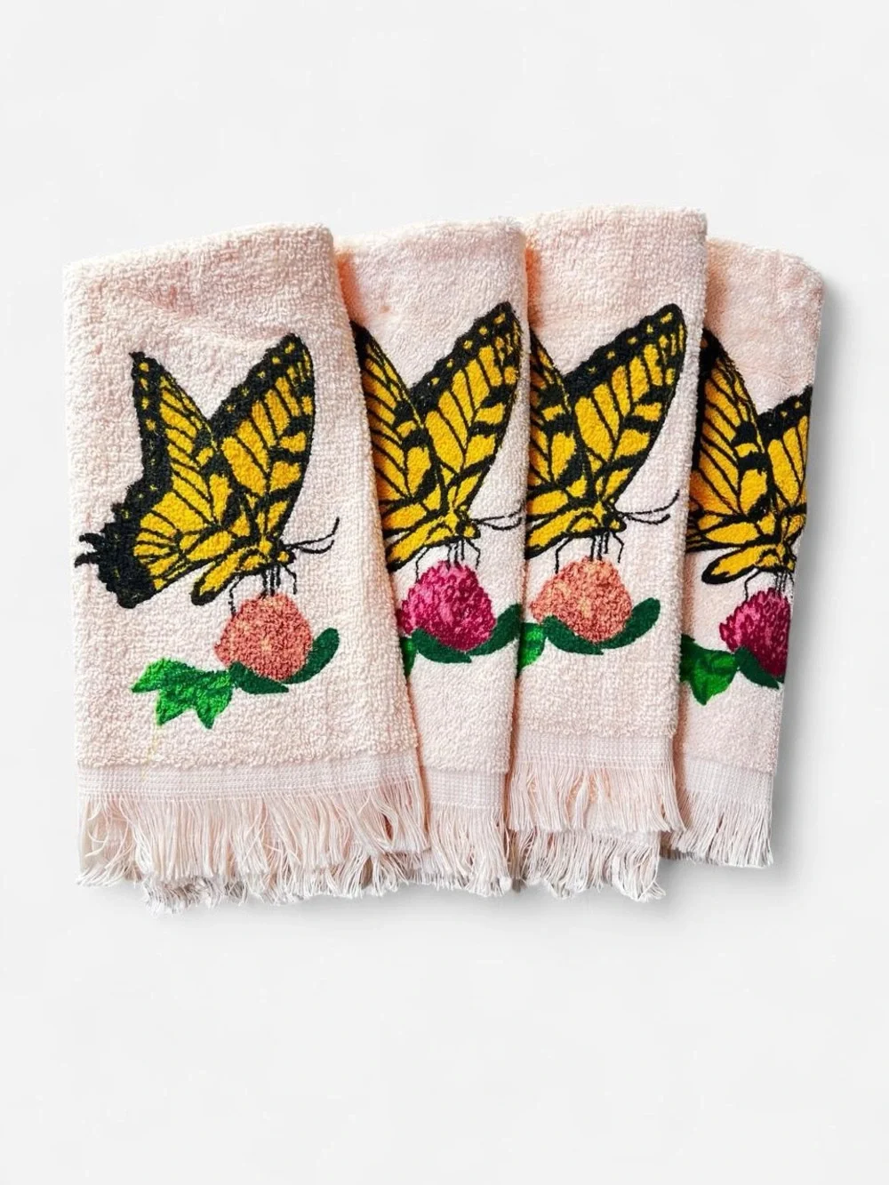 Vintage Leshner Of St. Mary Ohio Fingertip Bathroom Towels Pink Butterfly USA